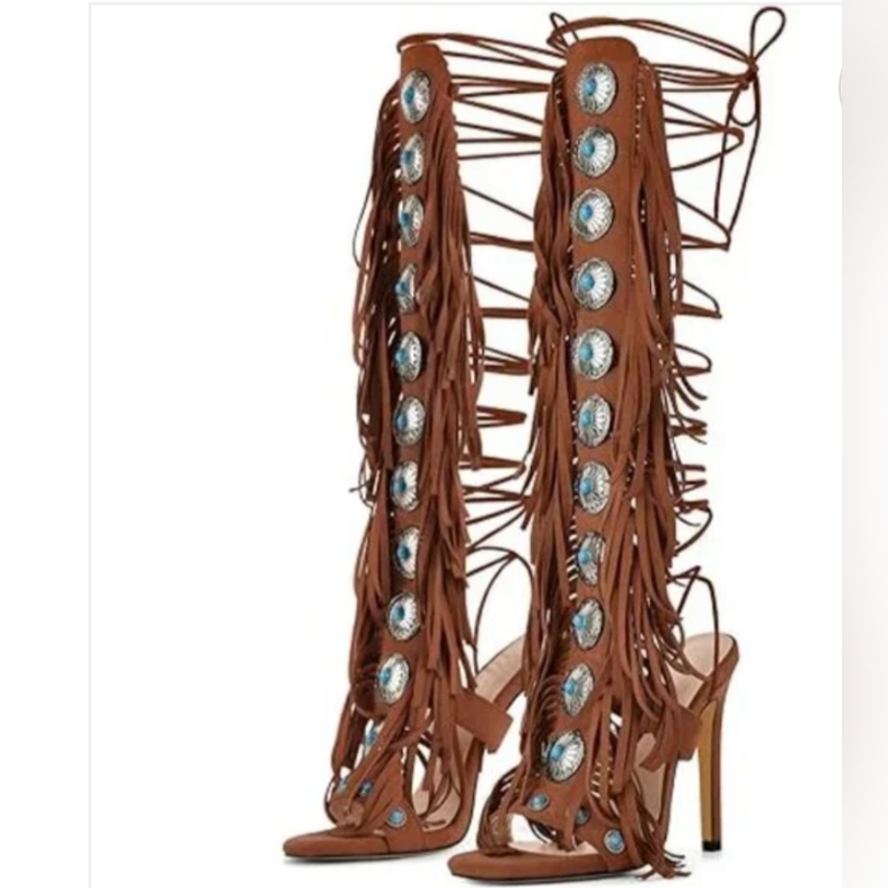 Brown faux suede knee-high gladiator heels, fringe, lace-up detail, turquoise